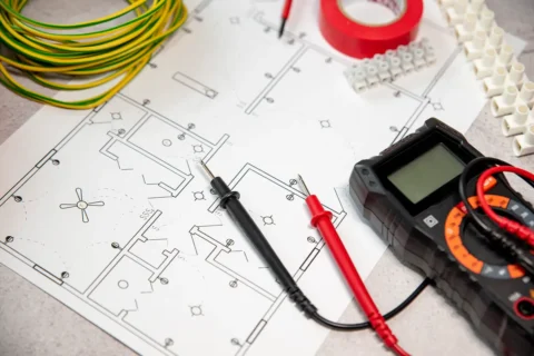 Technický výkres elektroinštalácie s multimetrom, káblami a elektrikárskym náradím – príprava projektu elektroinštalácie pre domácnosť alebo firmu